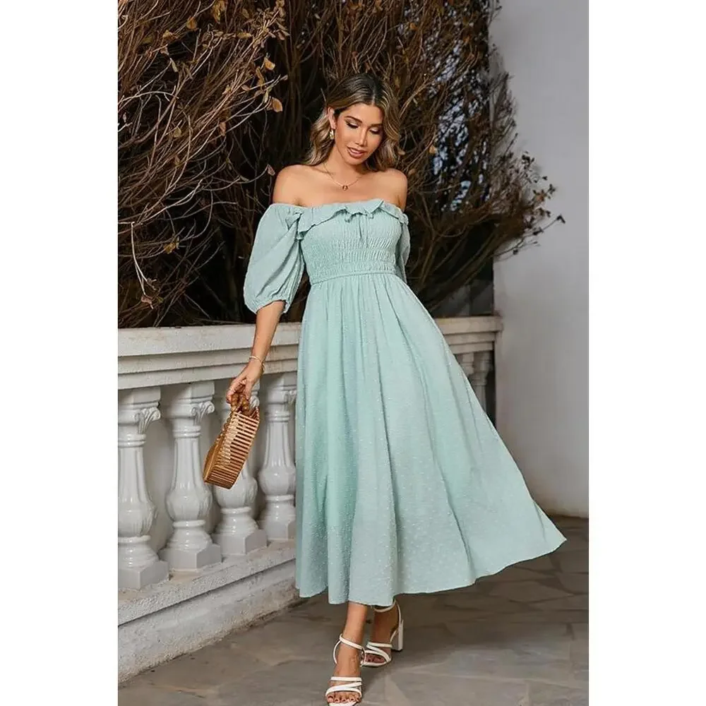 R.VIVIMOS Off-Shoulder Smocked Midi Dress – Size Medium ✨ - Picture 1 of 7